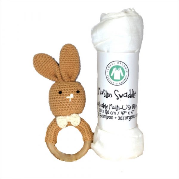 Crocheted Bunny Rattle and Organic Bamboo/Cotton Muslin Wrap