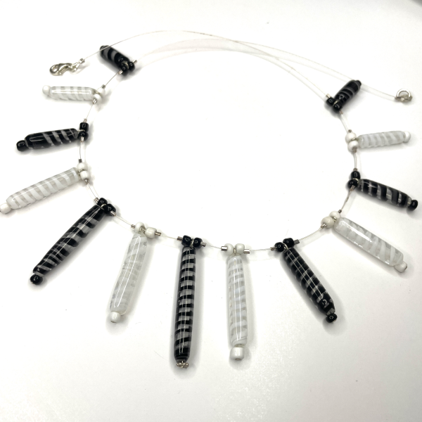 Black, White and Clear Lampwork Tigertail Fan Necklace